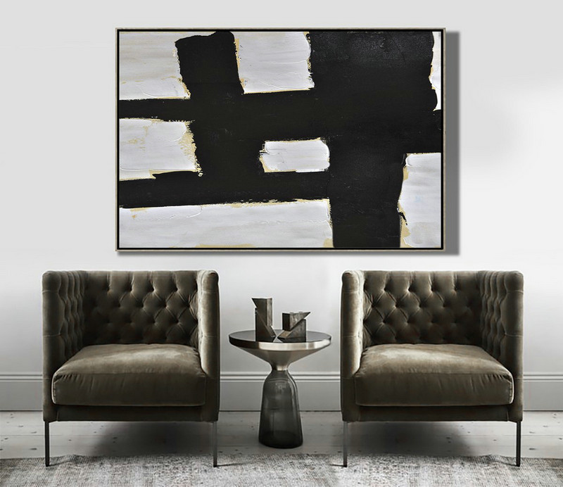 Original Art Acrylic Painting,Horizontal Palette Knife Minimal Canvas Art Painting Black White Beige - Original Abstract Oil Paintings
